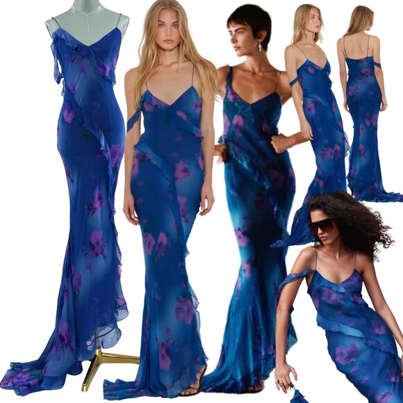 🆕 RAT & BOA 🧿 NWT Sorrento Chiffon Maxi Dress with Train, Blue Floral - Sz S - Picture 1 of 17